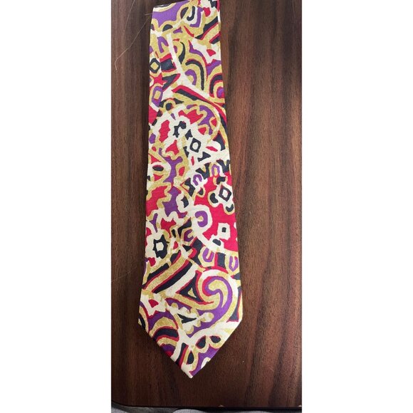 Vtg 1970's Perry Ellis Portfolio All Silk Tie Abstract Paisley Purples Red Beige - Picture 1 of 6